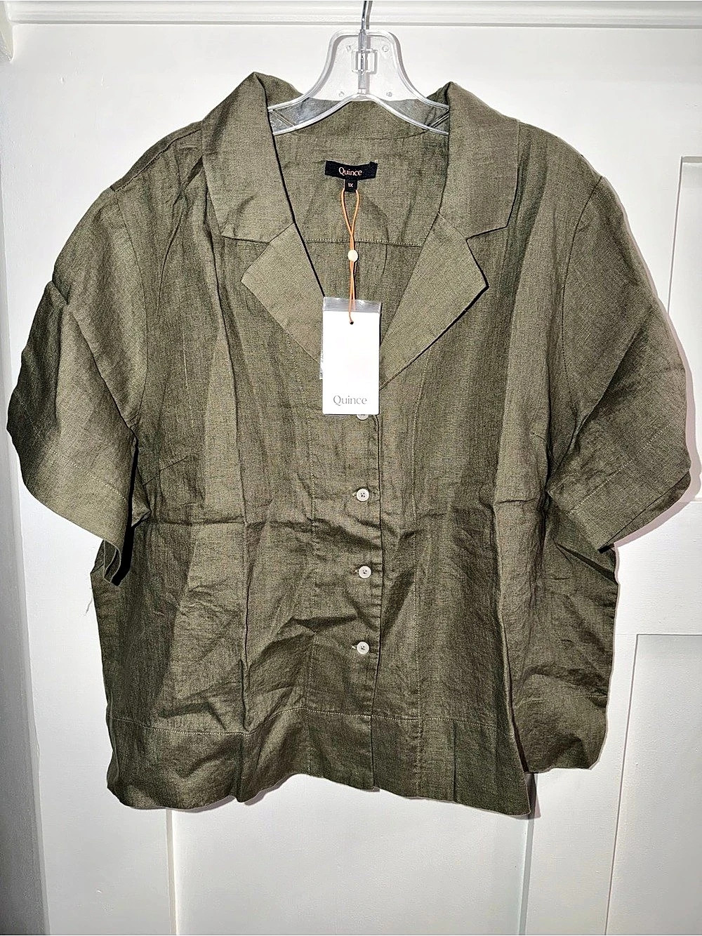 Quince Women’s 100% European Linen Short Sleeve Shirt Bayberry Olive 1X
